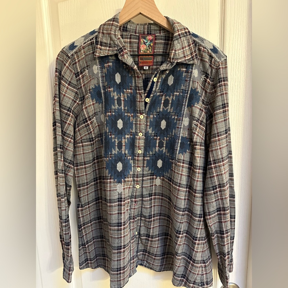 Johnny Was Blue Gray Plaid Button-Down Shirt with Navy Embroidered Panel